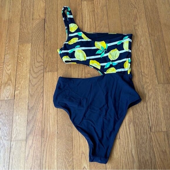 NWOT Aerie Lemon Print One-Shoulder Cutout Navy Blue Yellow Swimsuit Size Small - Picture 2 of 4